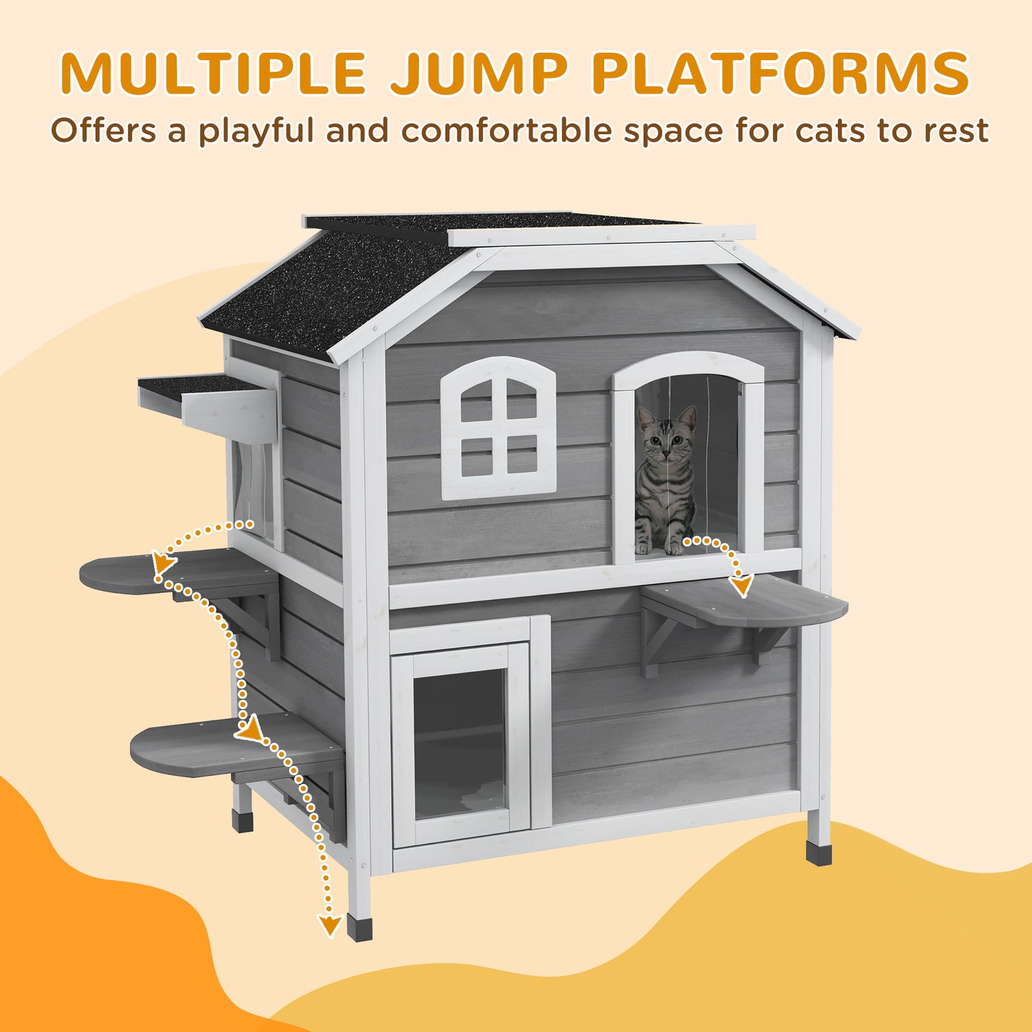 PawHut 2-story Cat House Outdoor, Weatherproof Wooden Cat Enclosure with Escape Door, Openable Roof, Jumping Platforms, Grey