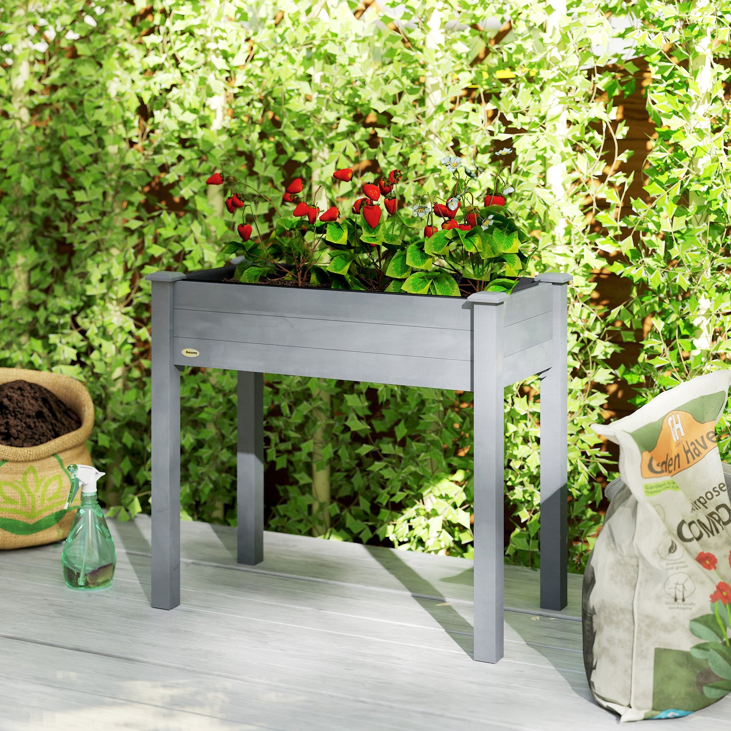 Outsunny Raised Bed for Garden, Wooden Elevated Planter Box with Bed Liner, for Flower Vegetable Herb, Dark Grey