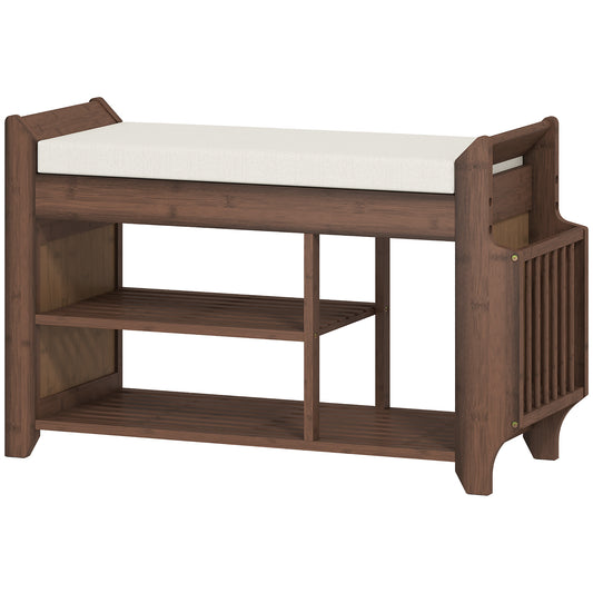 Photo of HOMCOM Shoe Bench 2-Tier Boot Section Entryway Storage Bench Cushioned Seat 80 x 30 x 50 cm Dark Brown and Cream in Cream colour on a white background