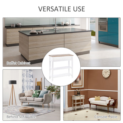 White console table with wood-look top shown in a circular product inset