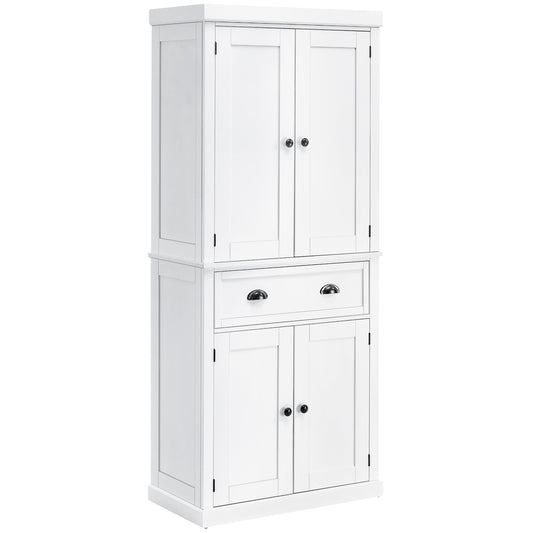 Photo of HOMCOM Freestanding Kitchen Cupboard, 184cm Tall Storage Cabinet with Doors and Shelves, Traditional Colonial 4-Door Kitchen Pantry Cupboard with Drawer, White in White colour on a white background