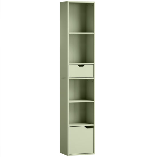 Photo of HOMCOM 6-Tier Bookcase, Tall Narrow Bookshelf with Drawer and Door - Green in Green colour on a white background