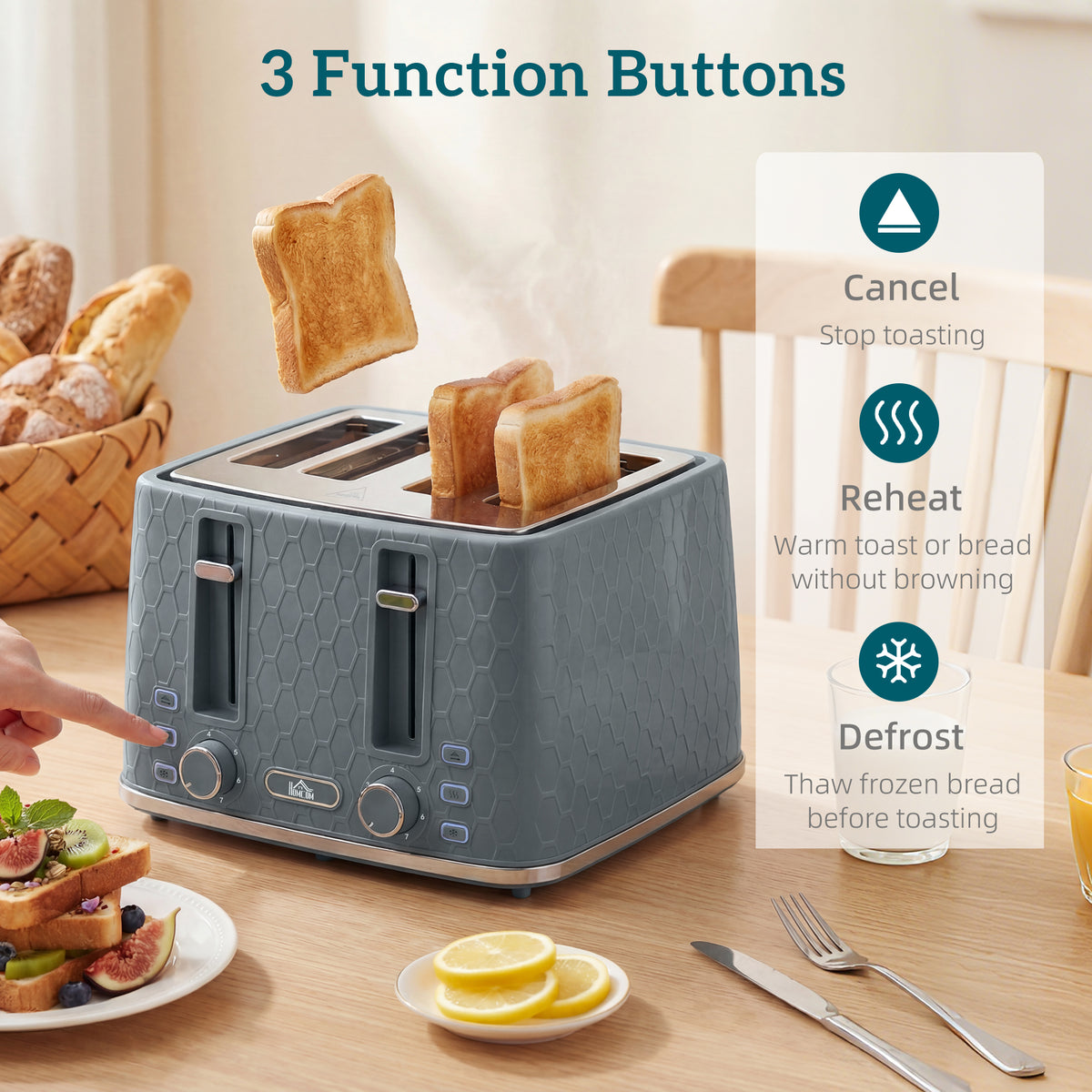 HOMCOM Kettle and Toaster Set, 1.7L 3000W Rapid Kettle with Strix Thermostat, 4 Slice Toaster with 7 Browning Controls, Grey