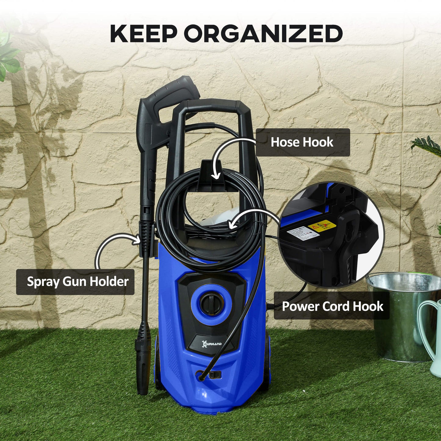 DURHAND High Pressure Washer, 150 Bar Pressure, 510 L/h Flow, 1800W, High-Performance Portable Power Jet Wash Cleaner, Blue
