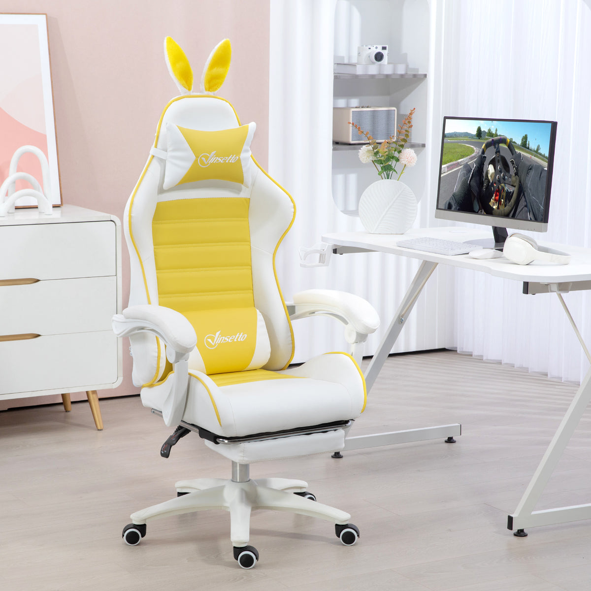 Vinsetto Gaming Chair with Rabbit Ears and Footrest, Ergonomic Computer Chair for Girls Adults, with Headrest, Lumbar Support, Reclining Back, Swivel Wheels, Yellow and White