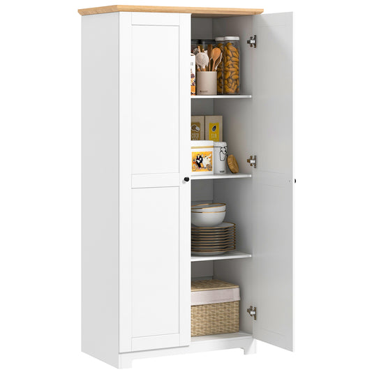 White pantry cabinet with open doors, adjustable shelves, and a wood-look top