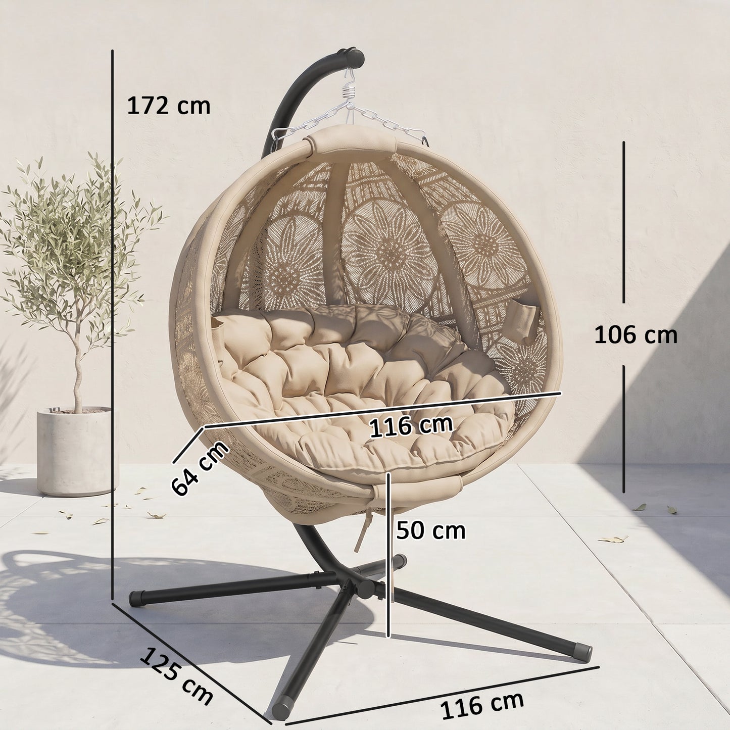 Outsunny Round Egg Basket Chair, with Steel Stand, Sand
