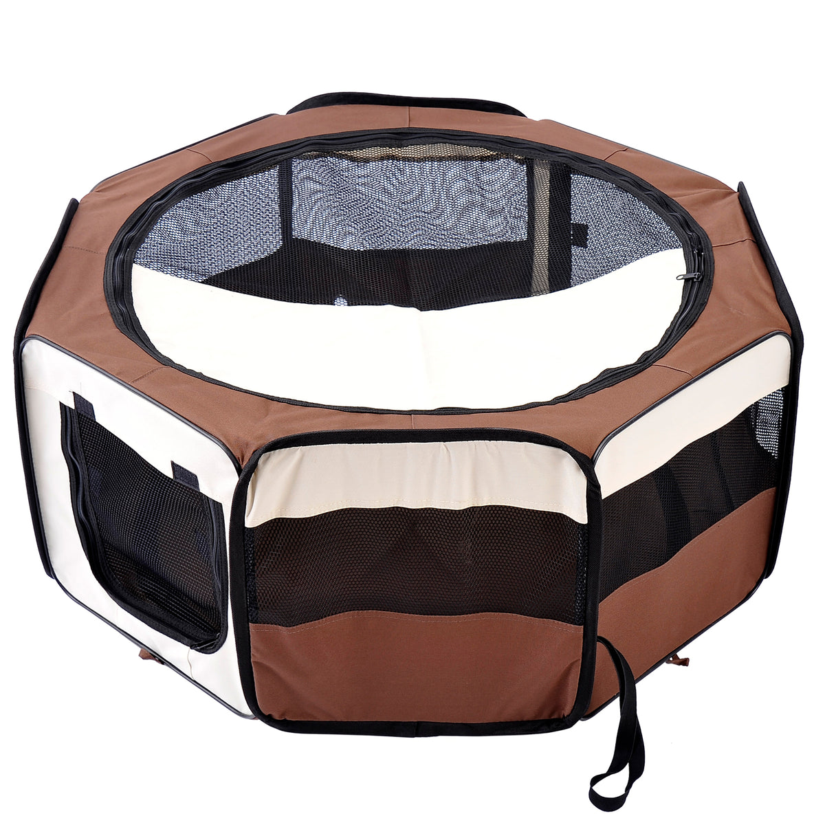 Photo of PawHut 600D Oxford Soft Fabric Kennel, Portable Lightweight Cat Dog Playpen, Foldable Pet Puppy Rabbit Guinea Pig Pen Run Dia 90 x 41H cm Indoor & Outdoor Brown in Brown colour on a white background