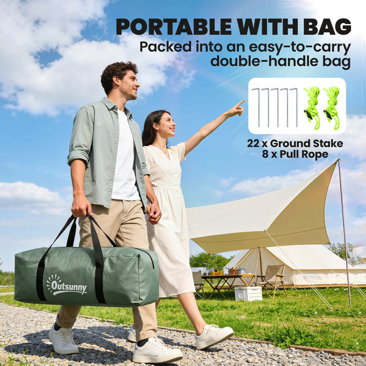 Outsunny tent packed in a green carry bag with stakes and ropes