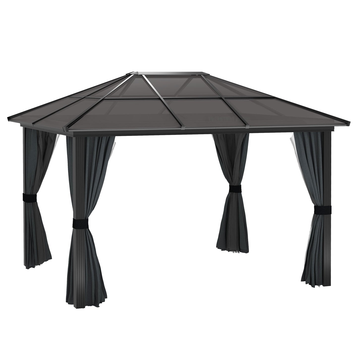 Photo of Outsunny 3 x 3.6m Hardtop Gazebo Canopy with Polycarbonate Roof, Aluminium Frame, Permanent Pavilion Garden Gazebo with Netting and Curtains for Patio, Deck, Dark Grey in Grey colour on a white background