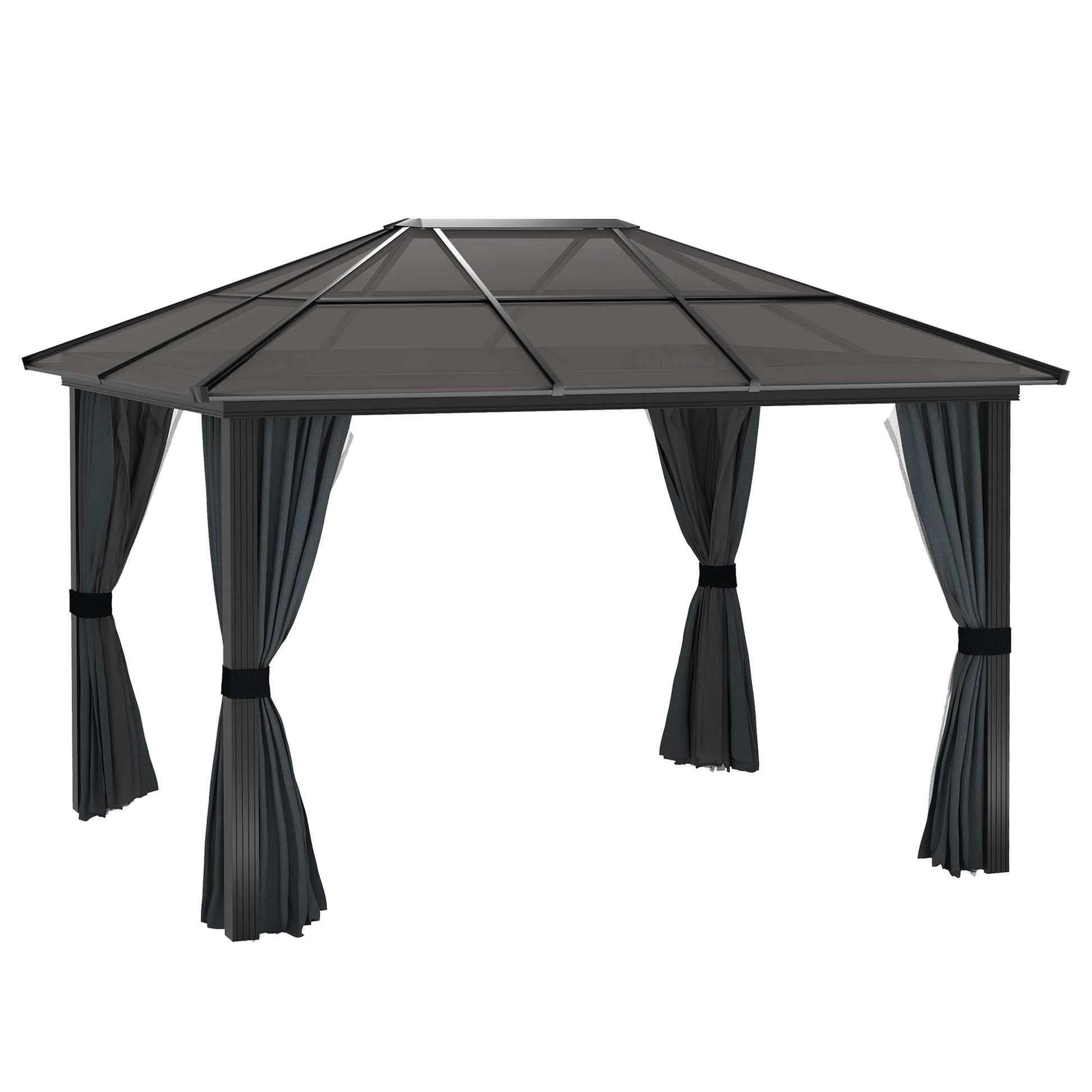 Photo of Outsunny 3 x 3.6m Hardtop Gazebo Canopy with Polycarbonate Roof, Aluminium Frame, Permanent Pavilion Garden Gazebo with Netting and Curtains for Patio, Deck, Dark Grey in Grey colour on a white background