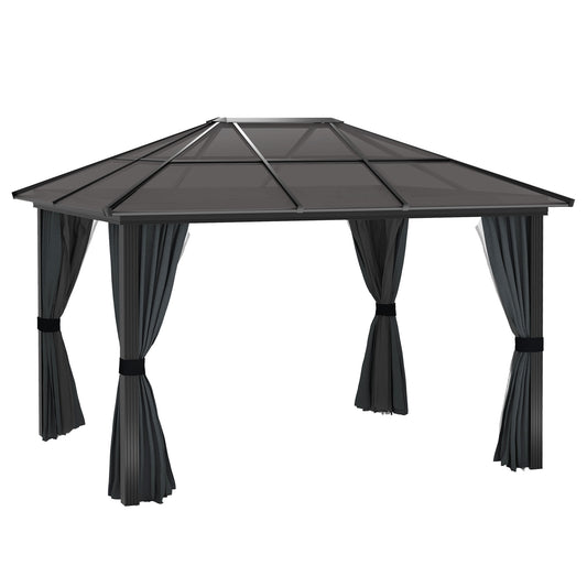 Photo of Outsunny 3 x 3.6m Hardtop Gazebo Canopy with Polycarbonate Roof, Aluminium Frame, Permanent Pavilion Garden Gazebo with Netting and Curtains for Patio, Deck, Dark Grey in Grey colour on a white background