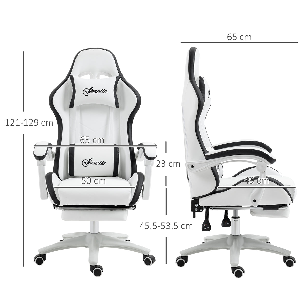 Vinsetto Gaming Chair, Computer Gamer Chair with Reclining High Back, Headrest, Lumbar Support, Footrest, Swivel Wheels, PU Leather, Adjustable Height for Home, White and Black