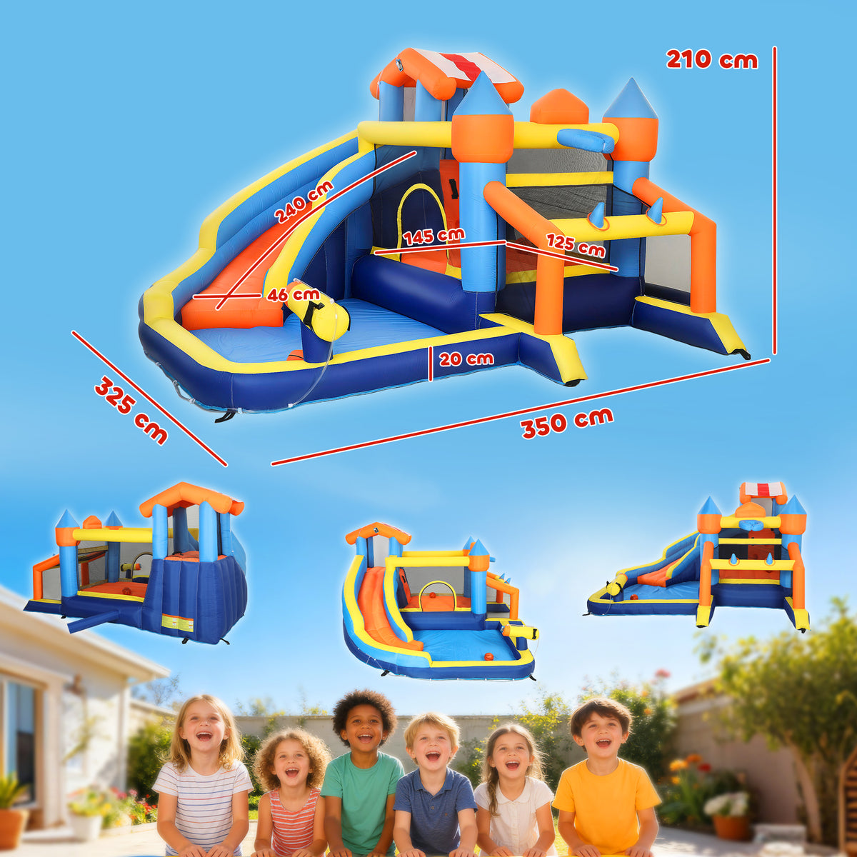 AIYAPLAY Bouncy Castle for Kids, Inflatable Bounce House with Long Slide, Splash Pool and 550W Blower for Indoor Outdoor