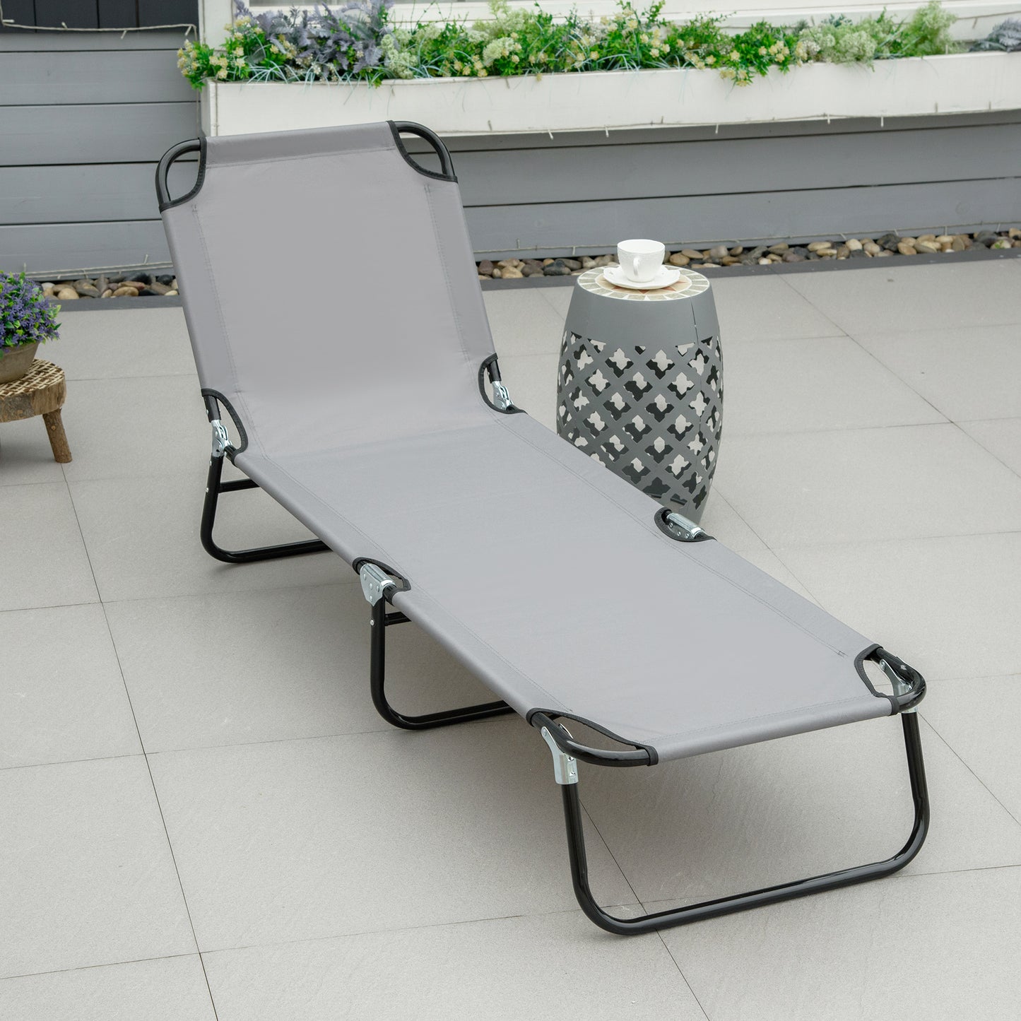 Outsunny Foldable Sun Lounger with 5-Position Adjustable Backrest, Outdoor Portable Recliner Chaise Lounge Chair with Oxford Fabric for Patio, Beach, Garden, Camping, Grey