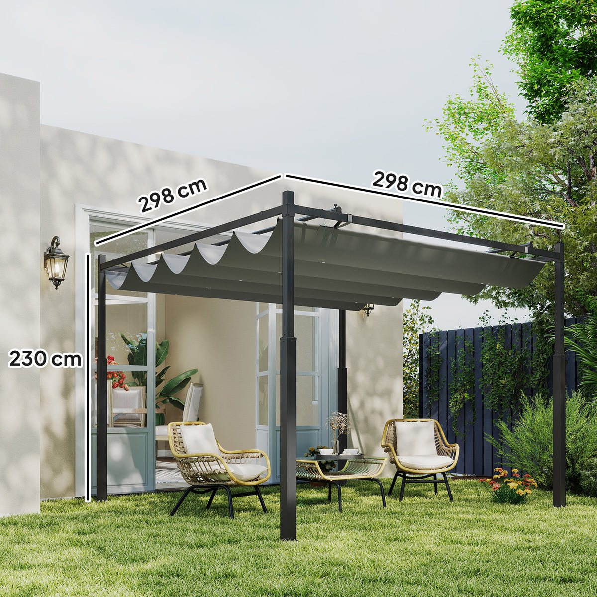 Outsunny gray retractable canopy pergola with dimensions of 298 by 298 cm