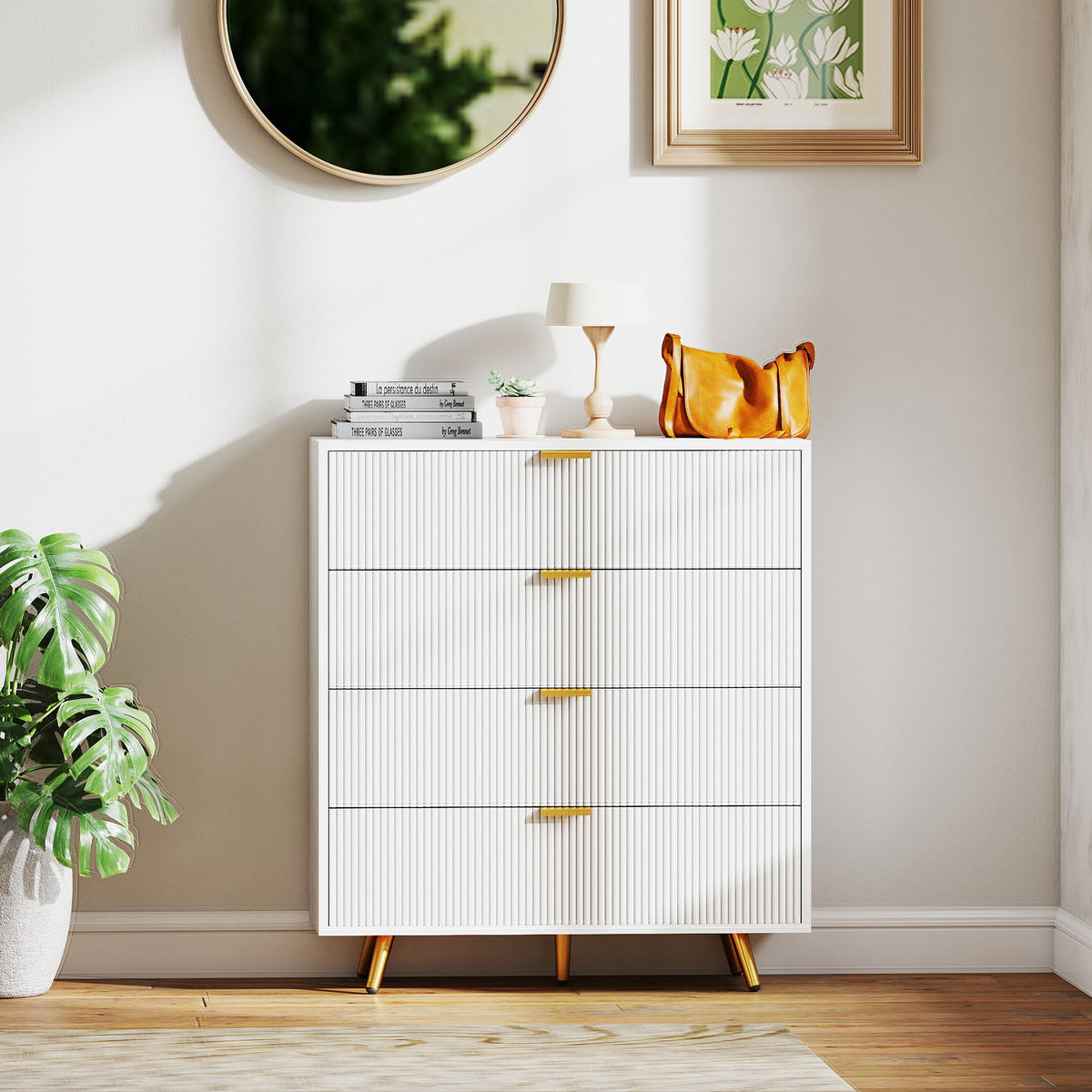 White four-drawer bedside table with fluted fronts and tapered gold-tone legs