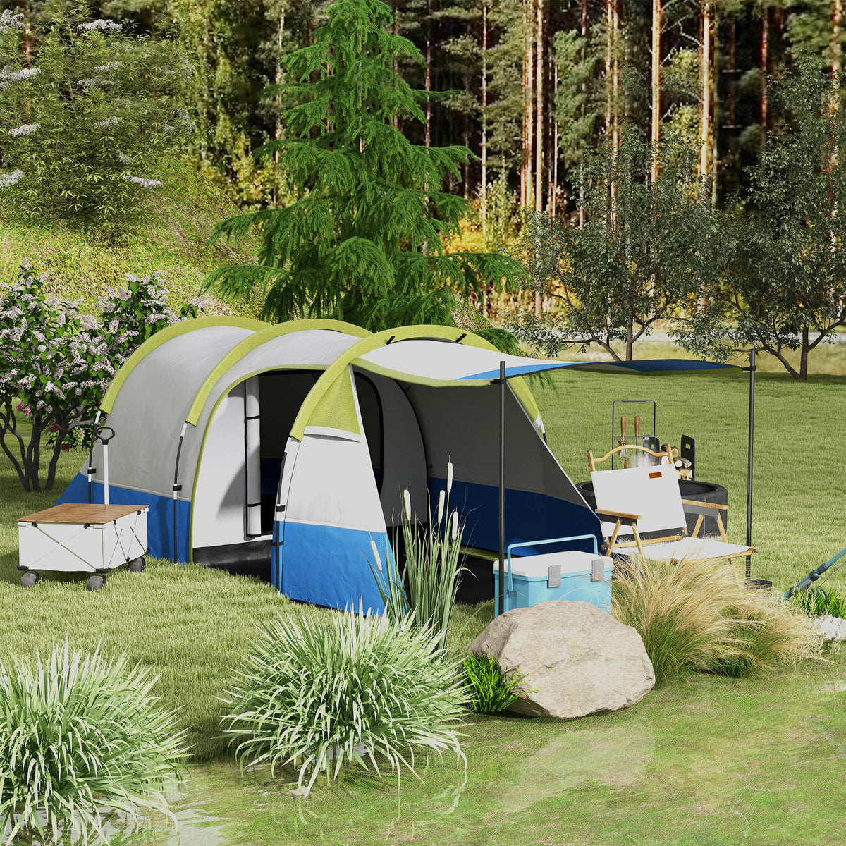 Outsunny Two Man Two-Room Tent, with Porch and Accessories - Green