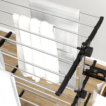 Close-up of HOMCOM drying rack rails, rotating side arm, and adjustment joint