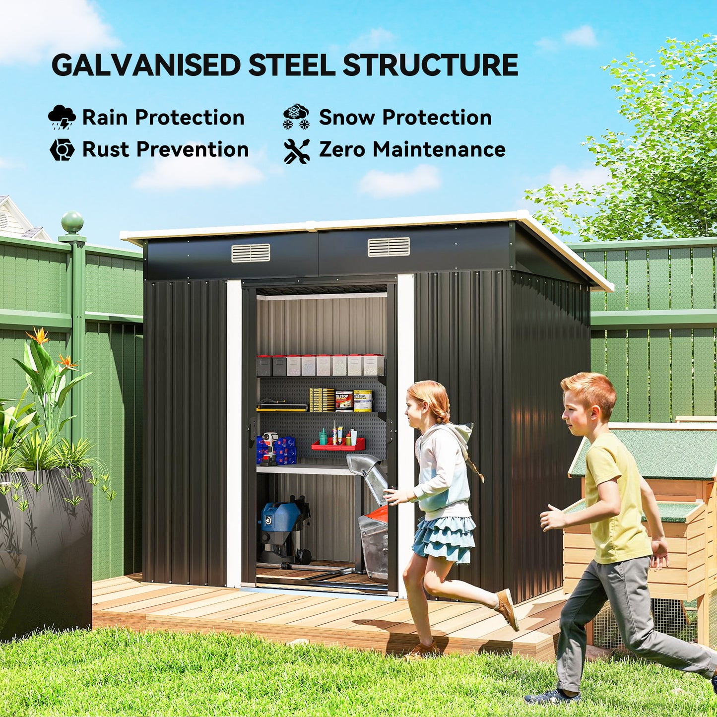 Outsunny 7 x 4ft Outdoor Storage Shed with Foundation Kit, Lean to Metal Garden Shed for Log, Rubbish Bin, Tool, Lawnmower, Bike, Patio and Lawn Use, Black