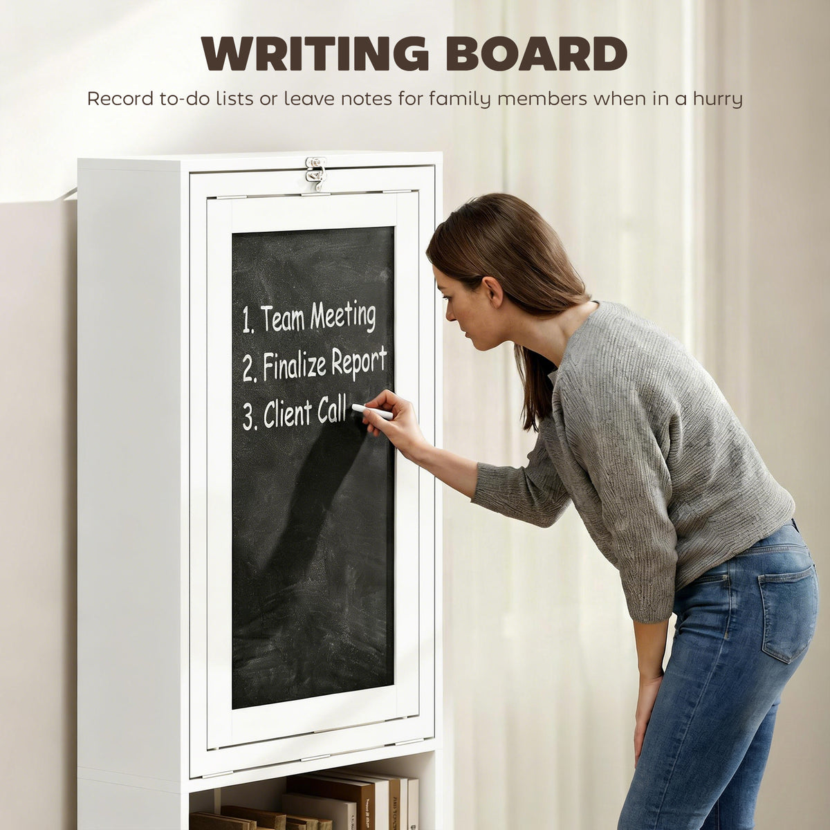 White fold-out desk with a tall chalkboard panel for writing notes