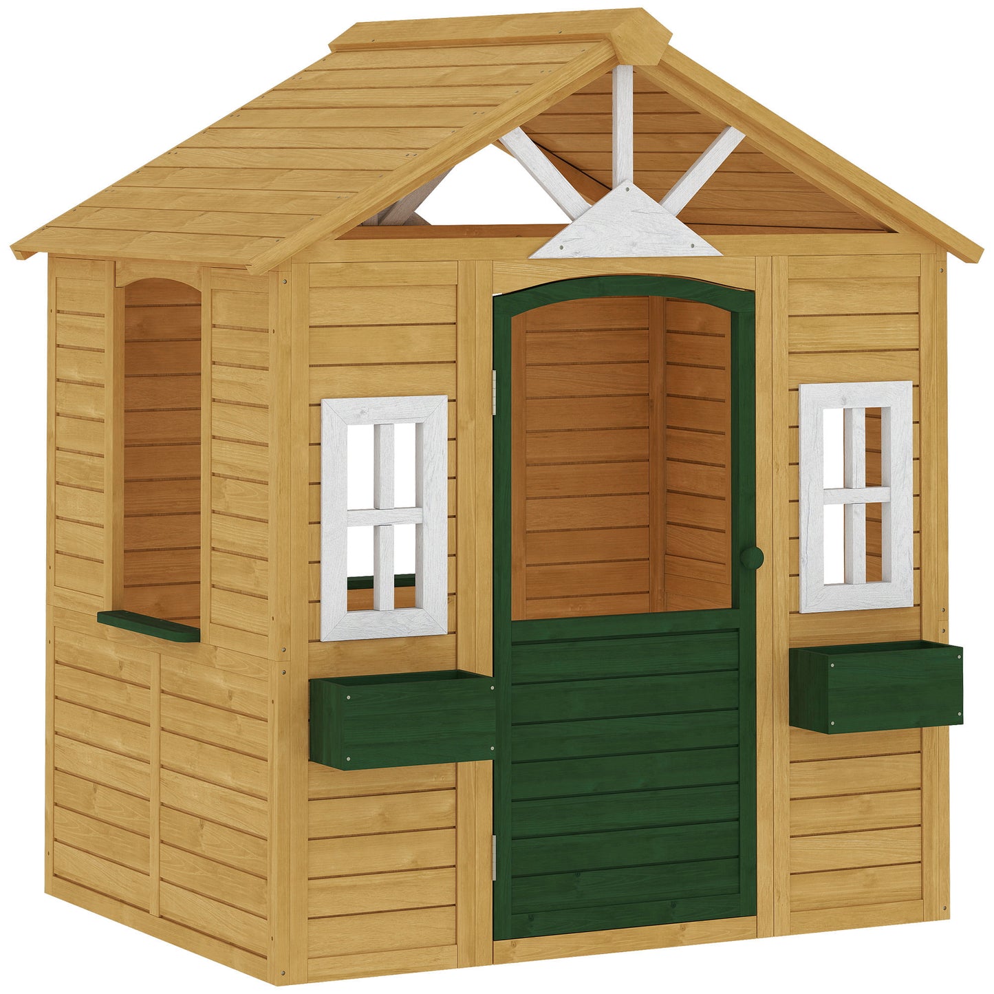 Photo of AIYAPLAY Outdoor Kids Playhouse, Wooden Wendy House with Door, 3 Windows, 2 Flower Boxes for Garden, Indoor Playroom in Playroom colour on a white background