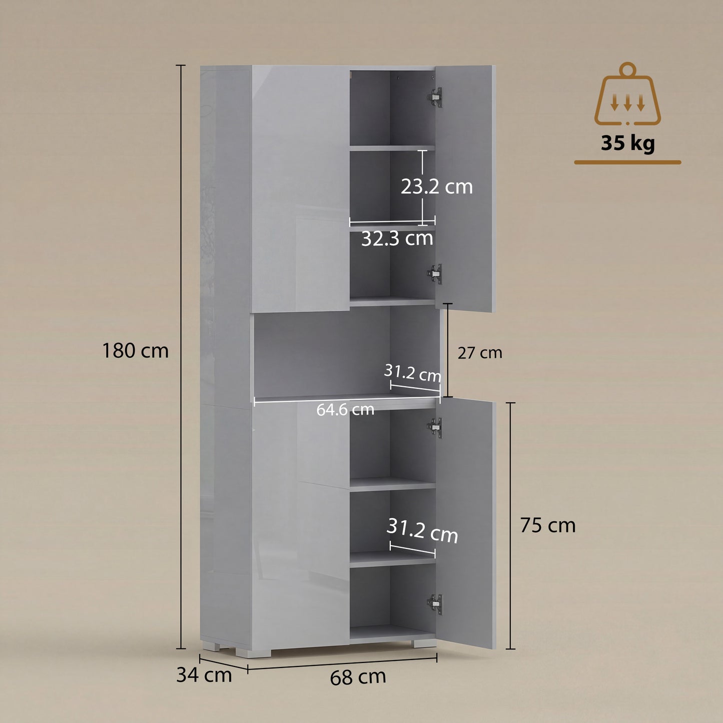 HOMCOM 180 cm Tall Kitchen Cupboard, Pantry Storage Cabinet with Soft Close Doors and Adjustable Shelves, High Gloss Grey