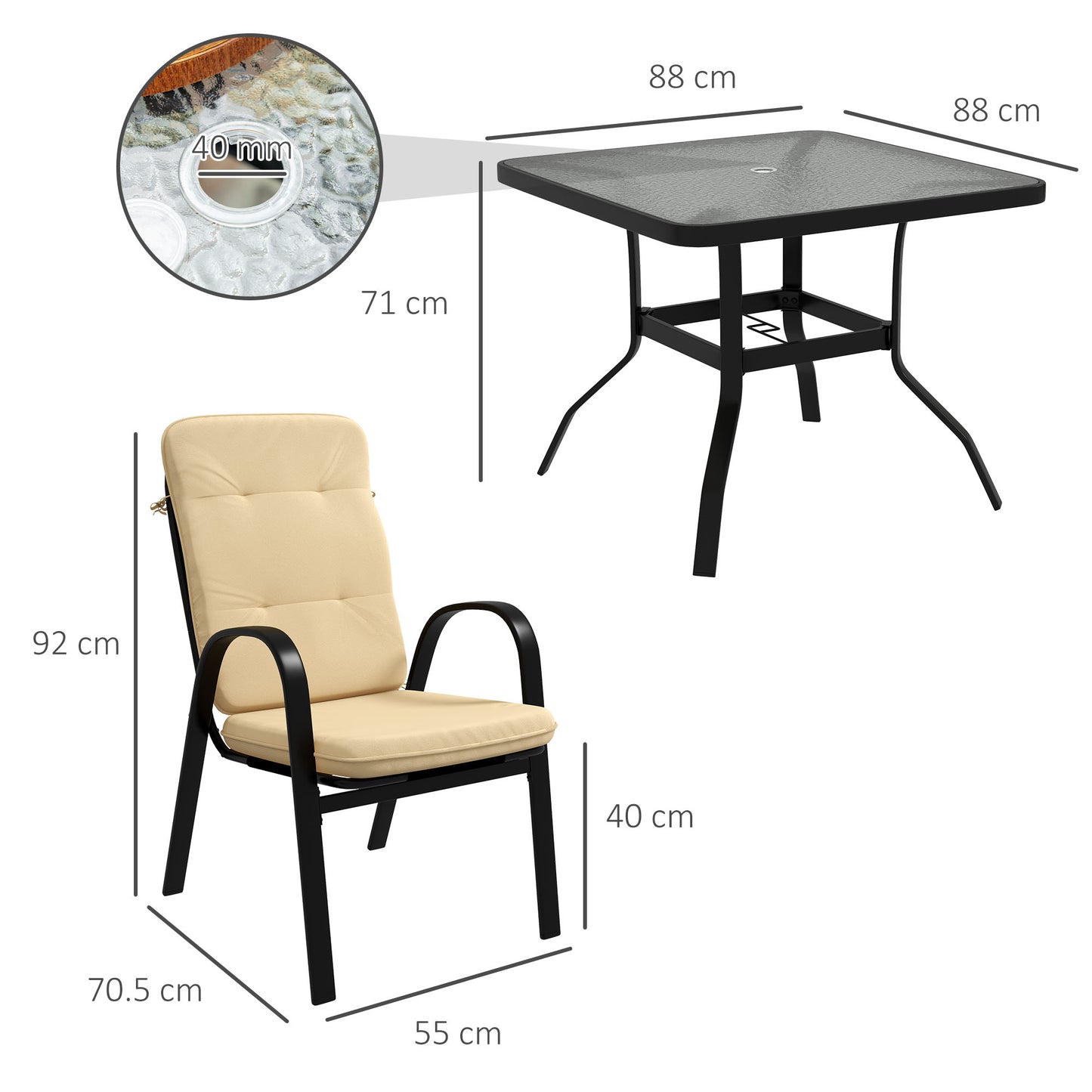 Outsunny 5 Pieces Outdoor Square Garden Dining Set for Small Garden with Tempered Glass Dining Table 4 Cushioned Armchairs, Umbrella Hole, Beige