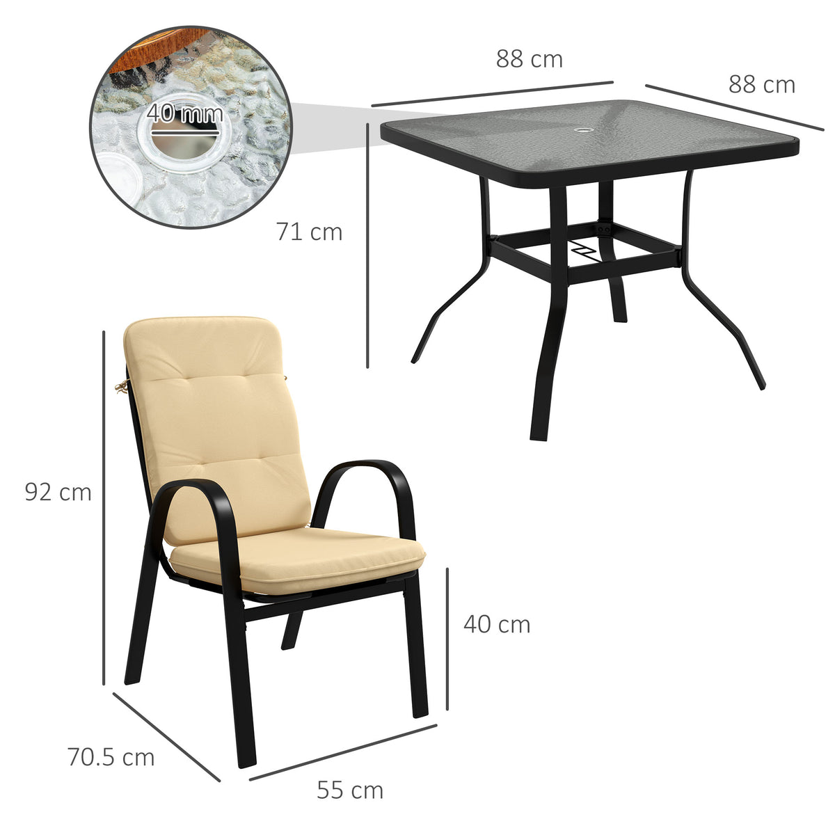 Outsunny 5 Pieces Outdoor Square Garden Dining Set with Tempered Glass Dining Table 4 Cushioned Armchairs, Beige