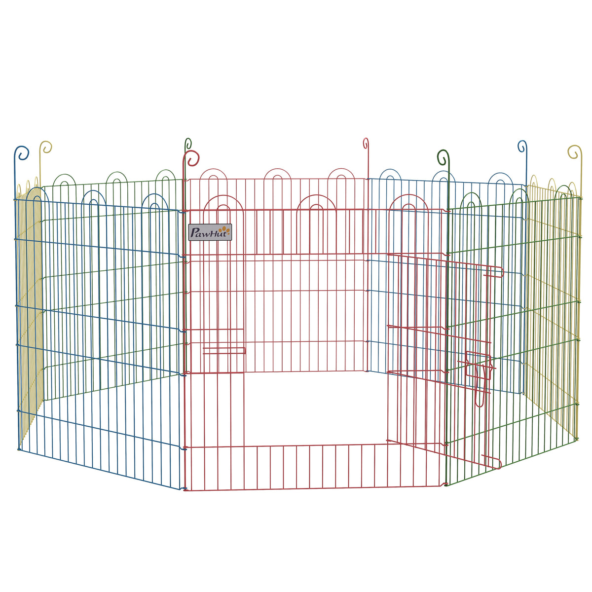PawHut eight-panel metal pet playpen with a hinged door, shown assembled in a multicolor layout