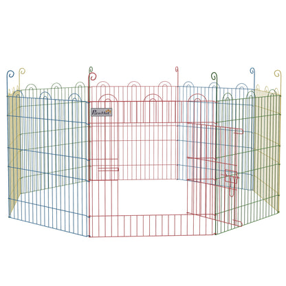 PawHut eight-panel metal pet playpen with a hinged door, shown assembled in a multicolor layout