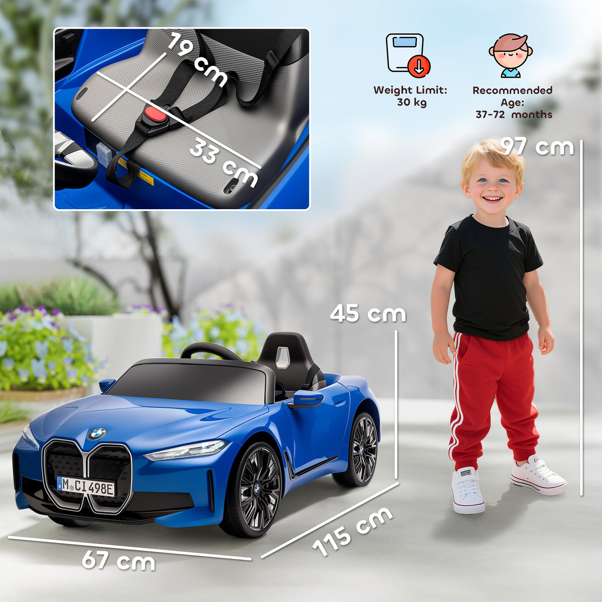 Blue HOMCOM BMW i4 ride-on car beside a child, with seat dimensions and weight limit shown.