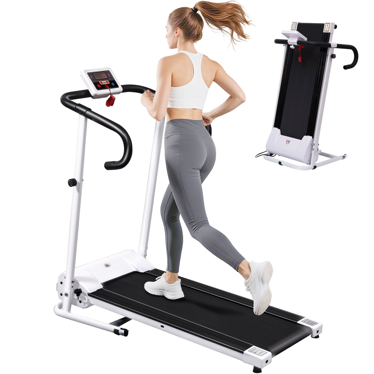 White folding treadmill with black running belt, console and handrails, shown in use and folded