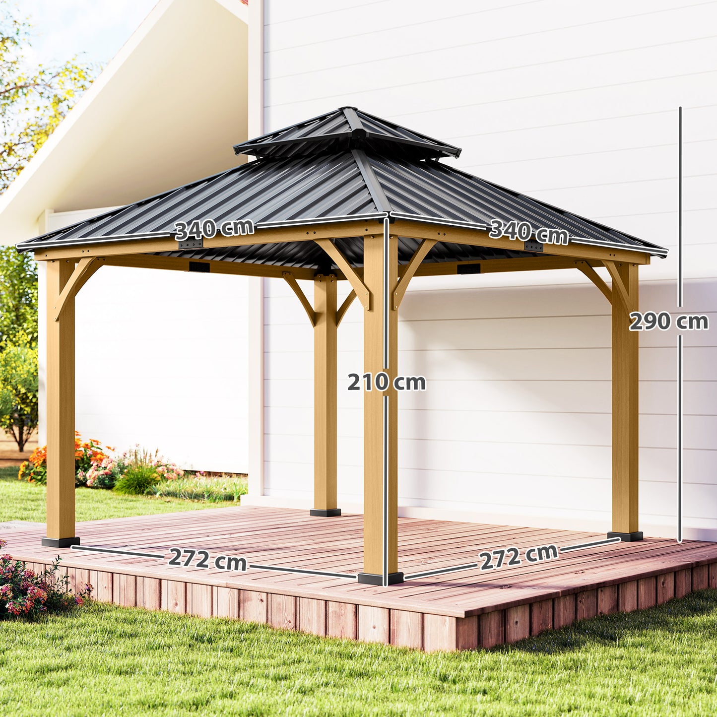 Outsunny 3.5 x 3.5m Outdoor Hardtop Gazebo Canopy with Two-tier Metal Roof, Black