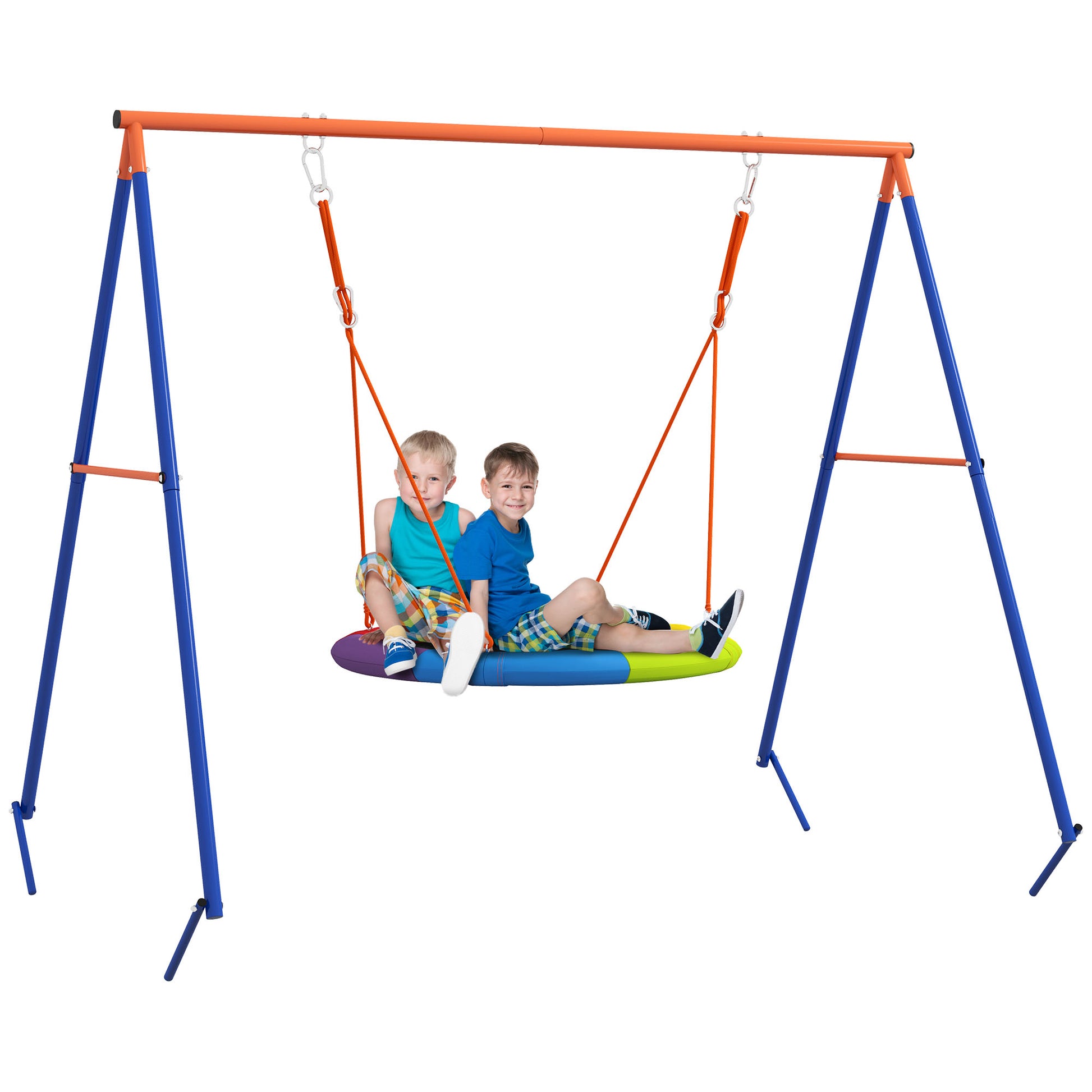 Photo of Outsunny Metal Kids Swing Set Nest Swing Seat with A-Frame Structure for Outdoor Use - Multicoloured in Multicoloured colour on a white background