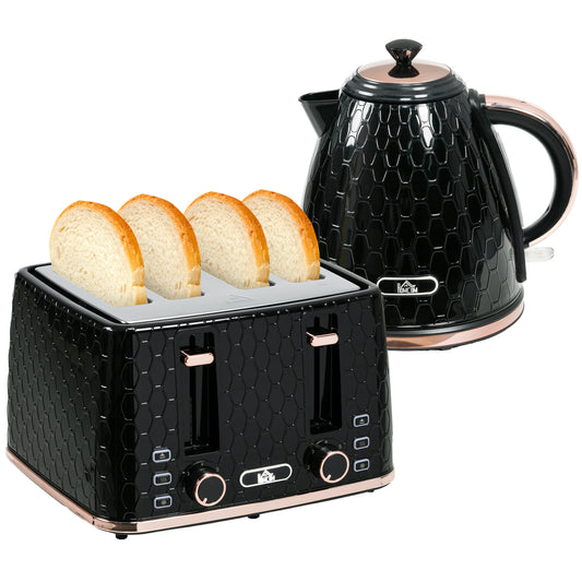 Photo of HOMCOM 1.7L 3000W Fast Boil Kettle & 4 Slice Toaster Set, Kettle and Toaster Set with 7 Browning Controls, Crumb Tray, Black in Black colour on a white background