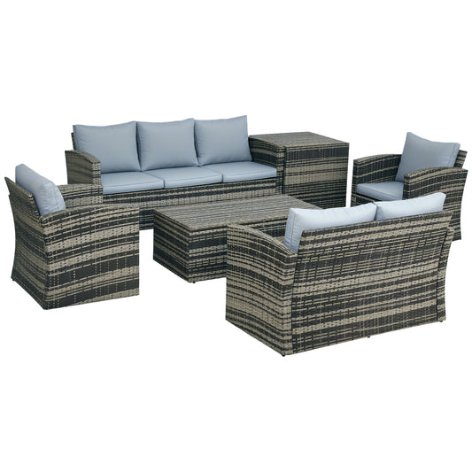 Photo of Outsunny 6 Pieces Rattan Garden Furniture Set, 7 Seater Wicker Outdoor Furniture Set with Storage Tea Table & Side Table, Sectional Garden Sofa Set with Cushions, Grey in Grey colour on a white background