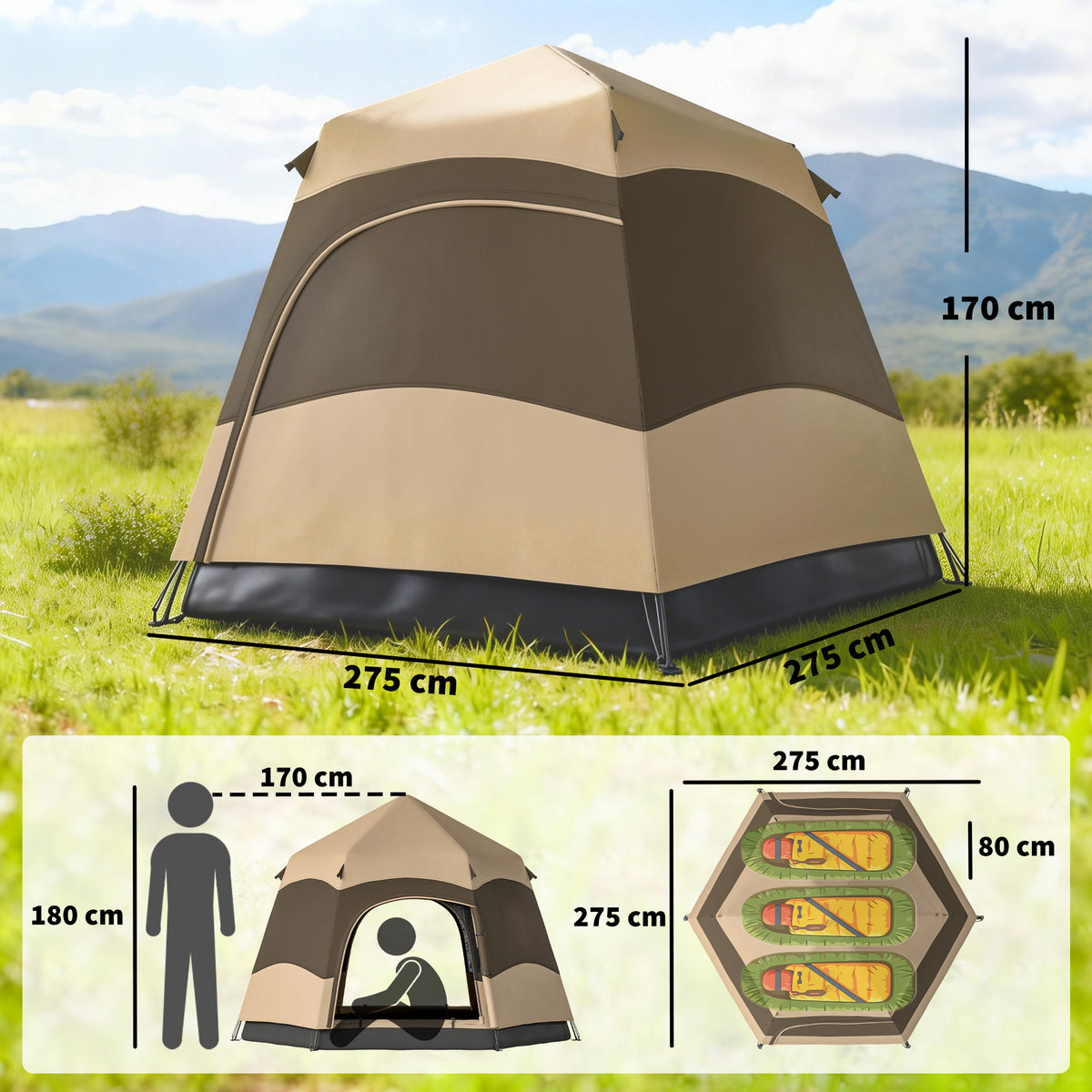 Outsunny 3 Man Instant Pop Up Tent with Rainfly, Portable Camping Shelter with Sewn-in Groundsheet, Carry Bag, Brown