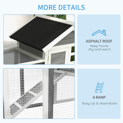 Rabbit hutch details showing asphalt roof and climbing ramp inside the wire-mesh run
