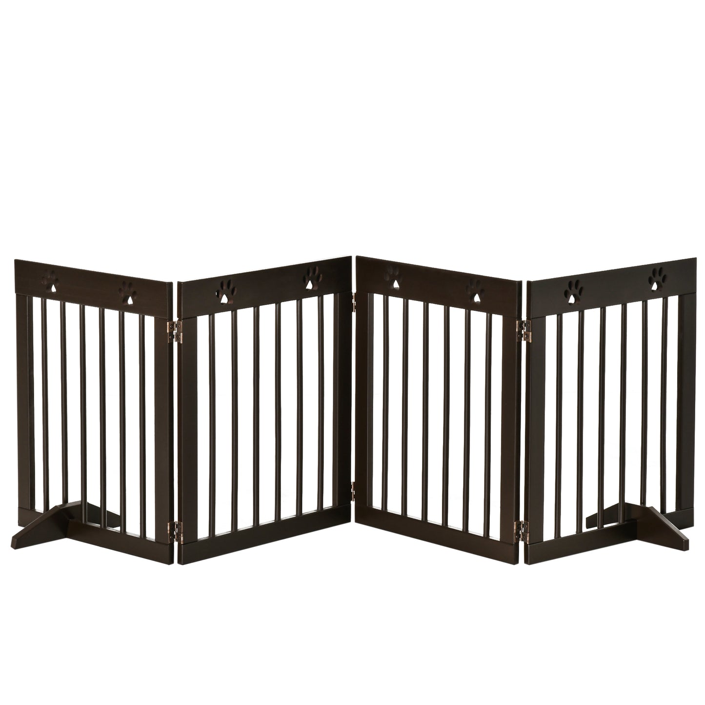 Photo of PawHut Freestanding Pet Gate 4 Panel Wooden Dog Barrier Folding Safety Fence with Support Feet up to 204cm Long 61cm Tall for Doorway Stairs Brown in Brown colour on a white background