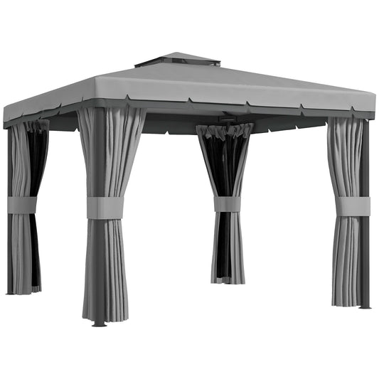 Photo of Outsunny 3 x 3(m) Patio Gazebo Canopy Garden Pavilion Tent Shelter Marquee with 2 Tier Roof, Netting and Curtains, Light Grey in Grey colour on a white background