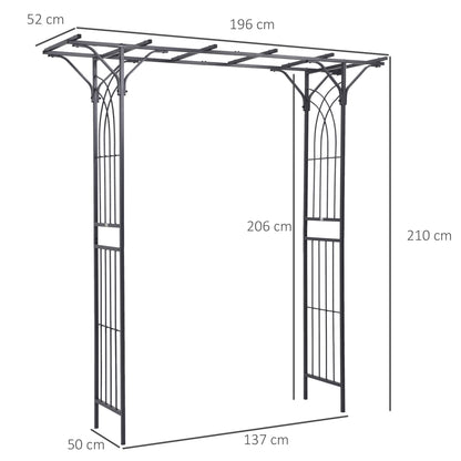 Metal garden trellis arch with dimensions marked: 210 cm high and 137 cm wide