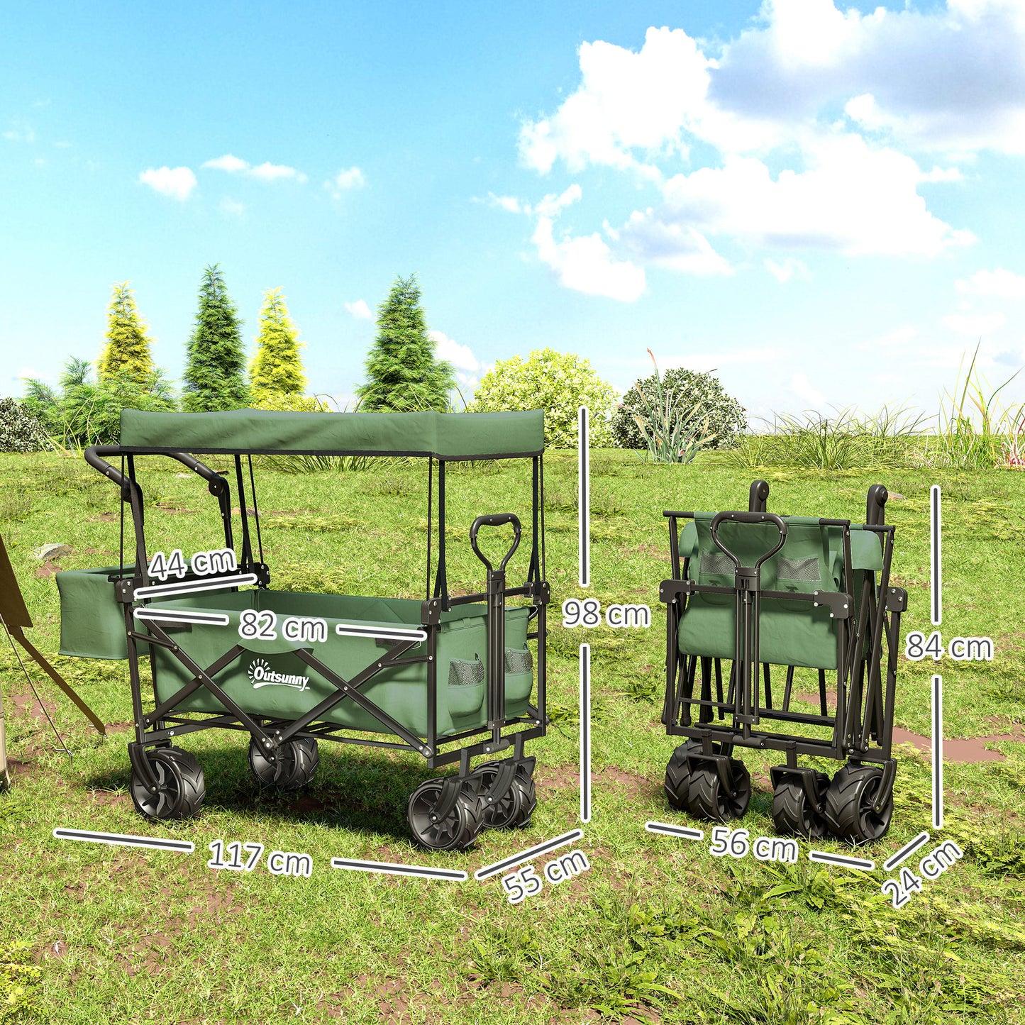 Outsunny 180L Festival Trolley on Wheels, Push & Pull Beach Cart with Removable Canopy, Wide All-Terrain Wheels, Folding Camping Trolley Cart, Adjustable Handle for Garden Fishing Shopping, Green