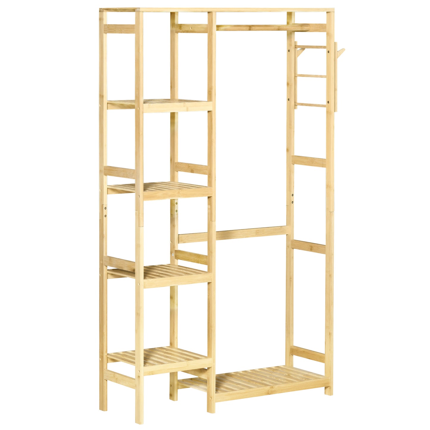 Photo of HOMCOM Bamboo Garment Rack, Clothes Rack with Storage Shelf, Hanging Rail and Side Hooks for Entryway, Bedroom, Bathroom and Office, Natural in Natural colour on a white background