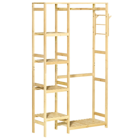 Photo of HOMCOM Bamboo Garment Rack, Clothes Rack with Storage Shelf, Hanging Rail and Side Hooks for Entryway, Bedroom, Bathroom and Office, Natural in Natural colour on a white background