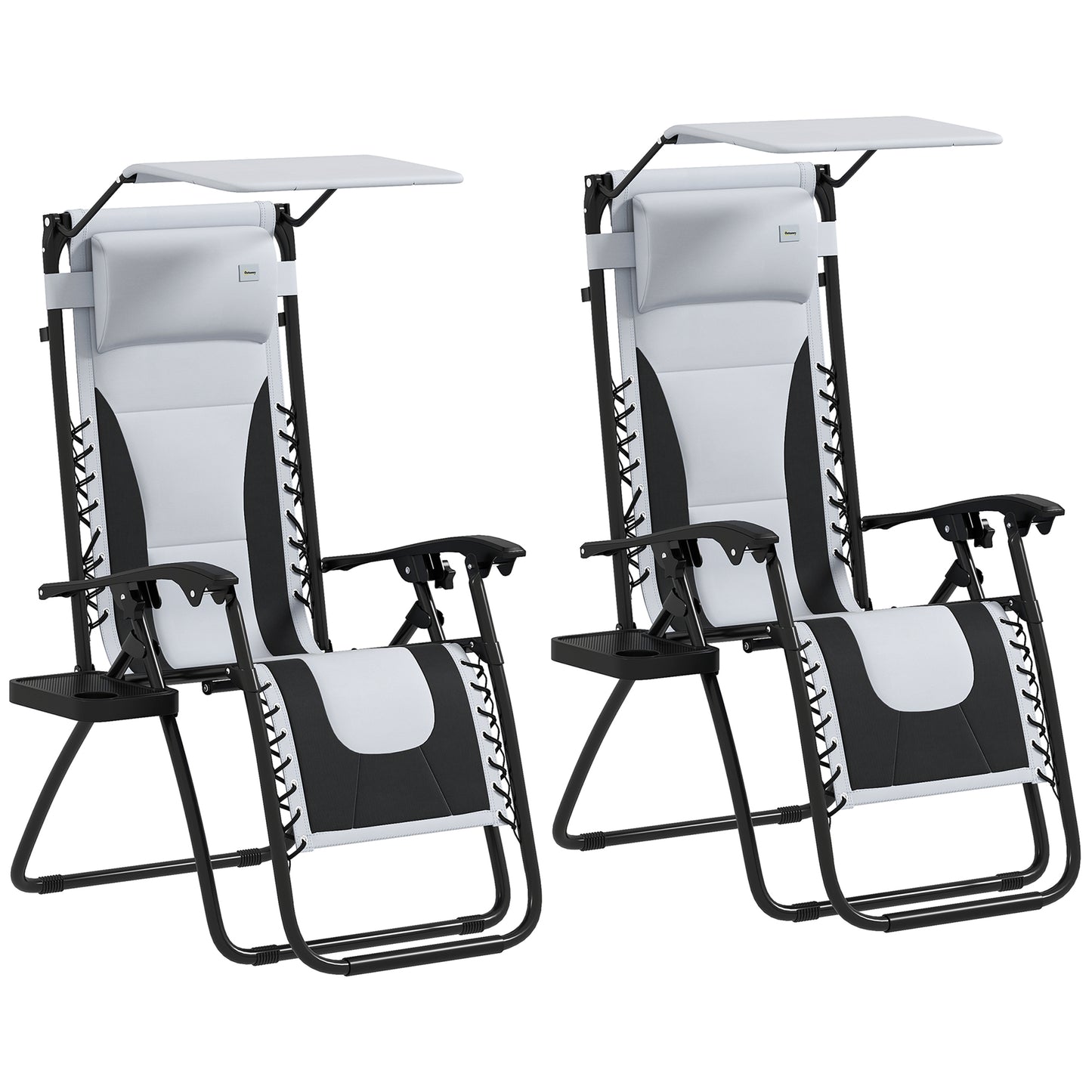 Photo of Outsunny Zero Gravity Lounger Chair Set of 2, Folding Reclining Patio Chair with Shade Cover, Padded Seat, Cup Holder, Soft Cushion and Headrest for Poolside, Camping, Light Grey in Grey colour on a white background
