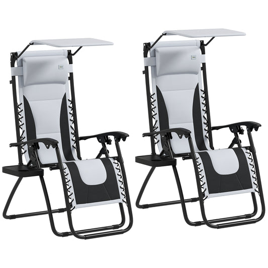Photo of Outsunny Zero Gravity Lounger Chair Set of 2, Folding Reclining Patio Chair with Shade Cover, Padded Seat, Cup Holder, Soft Cushion and Headrest for Poolside, Camping, Light Grey in Grey colour on a white background