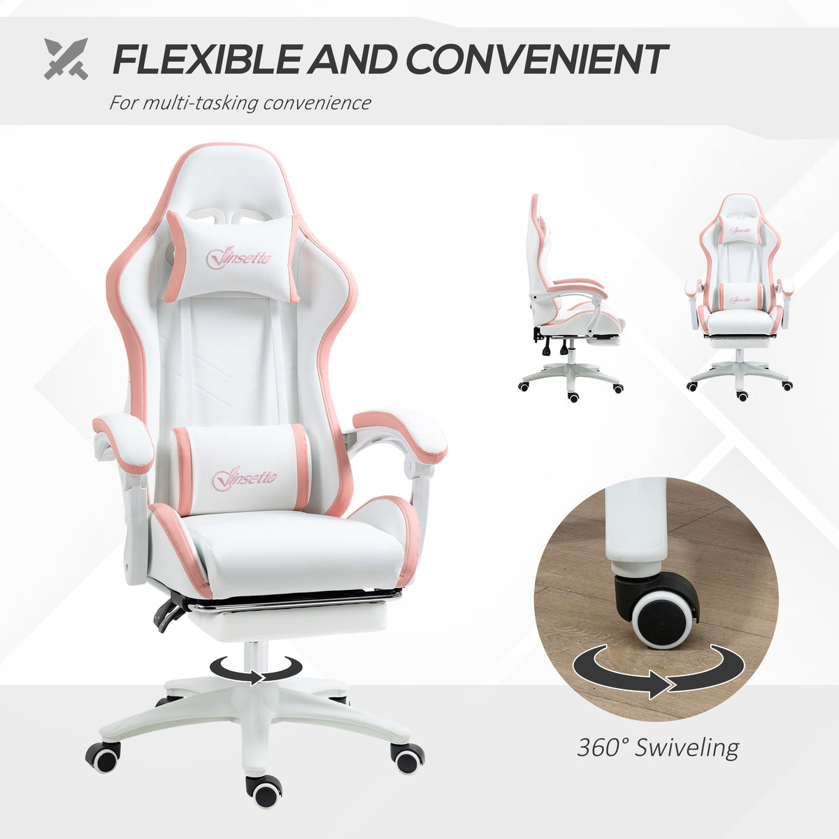 Vinsetto Gaming Chair, Computer Gamer Chair with Reclining High Back, Headrest, Lumbar Support, Footrest, Swivel Wheels, PU Leather, Adjustable Height for Home, White and Pink