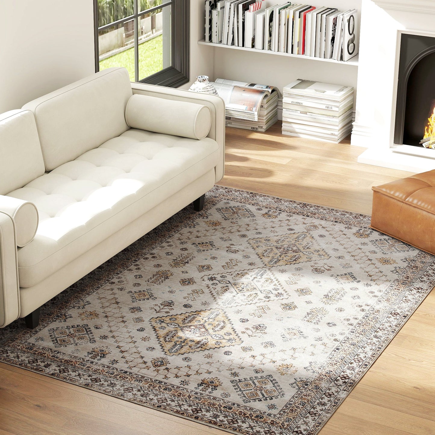 HOMCOM Vintage Area Rug, Non-Slip Washable Rug, Flannel Floor Carpet for Living Room, Bedroom, Dining Room, Home Office, 230 x 160 cm, Beige