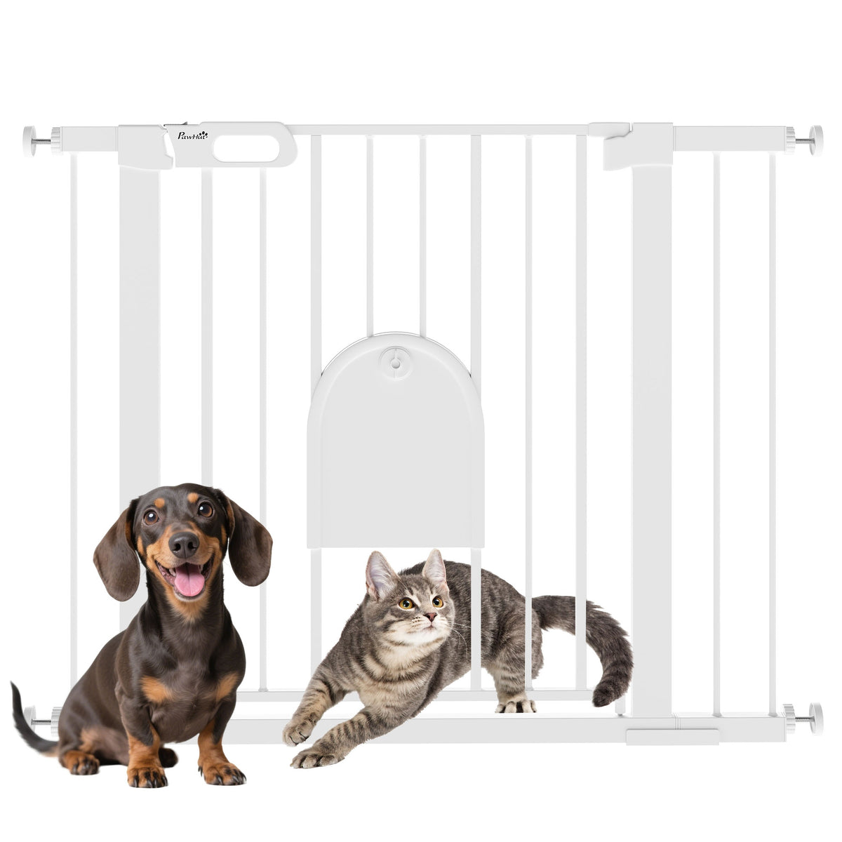 PawHut white pressure-fit pet gate with vertical bars and a small cat flap